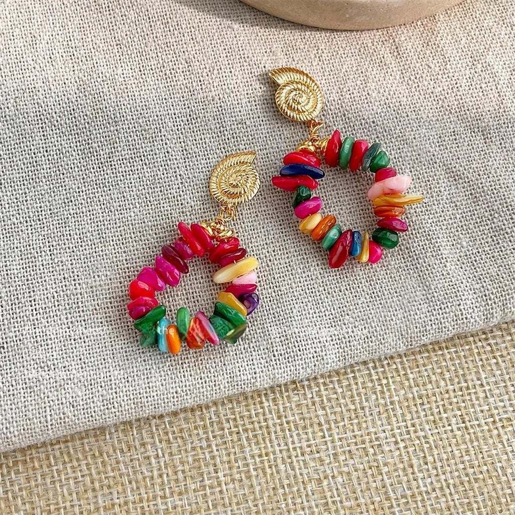 Handmade Colorful Shell 14K Gold Plated Geometric Hoop Drop Earrings Sweet Vacation Style