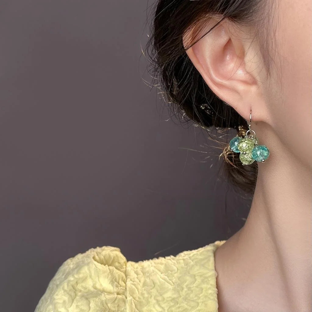 Colorful Glass Tassel Drop Earrings Fresh Geometric Round Ice Flower Style For Women