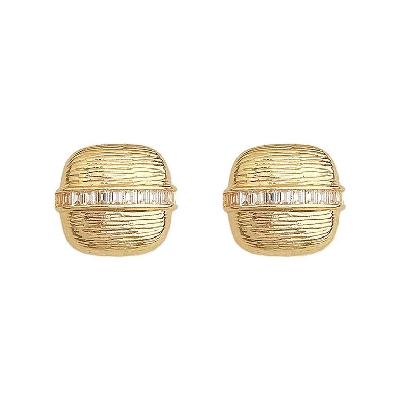 Vintage French Style Textured Square Copper Stud Earrings With Micro Pave Zircon For Women
