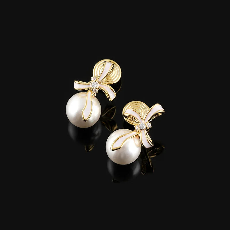 Elegant Enamel Bow Pearl Rhinestone Stud & Clip On No Piercing Gold Alloy Sweet Drop Earrings