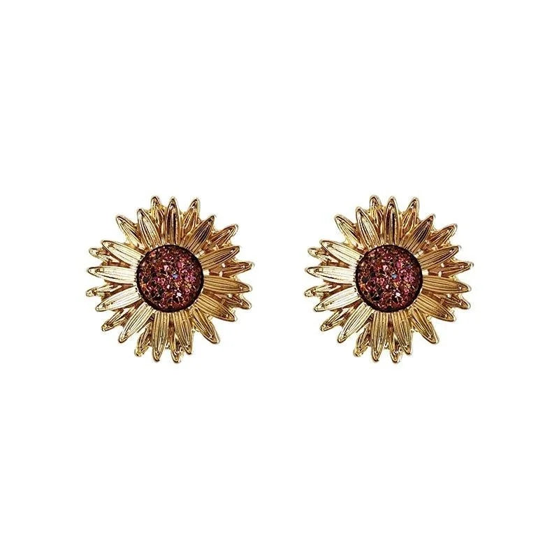 Vintage Sunflower Alloy Stud Earrings With 14K Plated, Hong Kong Style Floral Jewelry