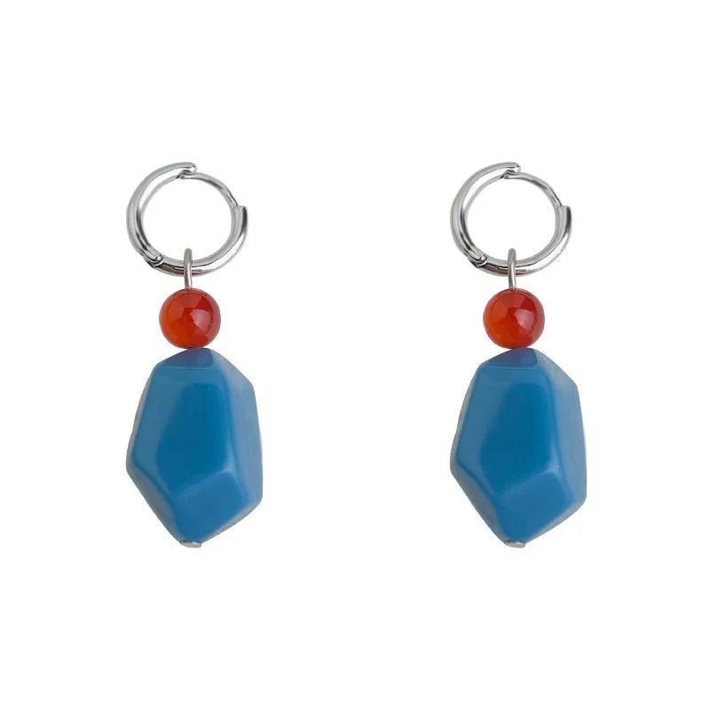 Haze Blue Copper Red Agate Geometric Round Palace Style Drop Earrings for Women