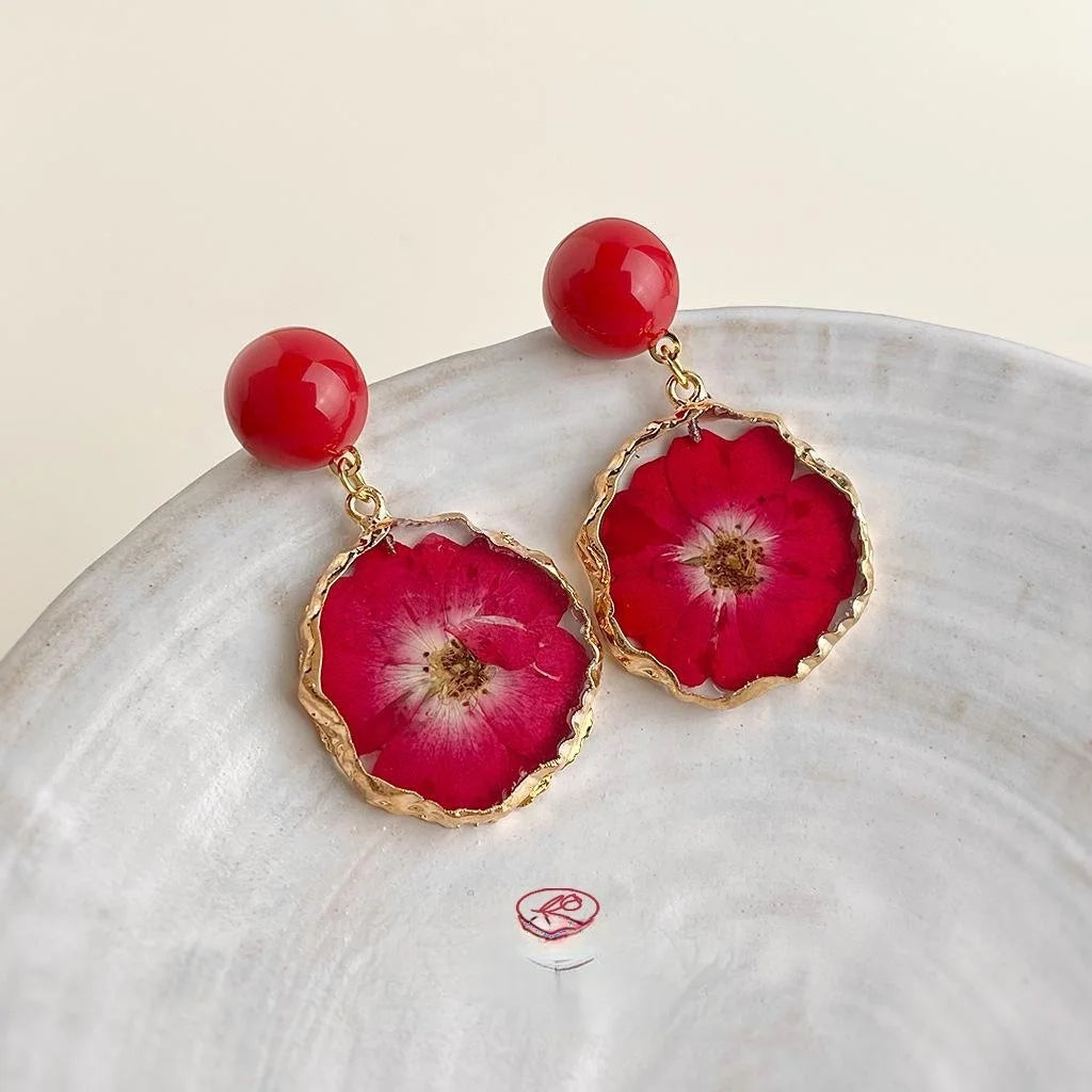 Natural Dried Flower Petal Drop Earrings Sweet Vacation Style Floral Statement Jewelry
