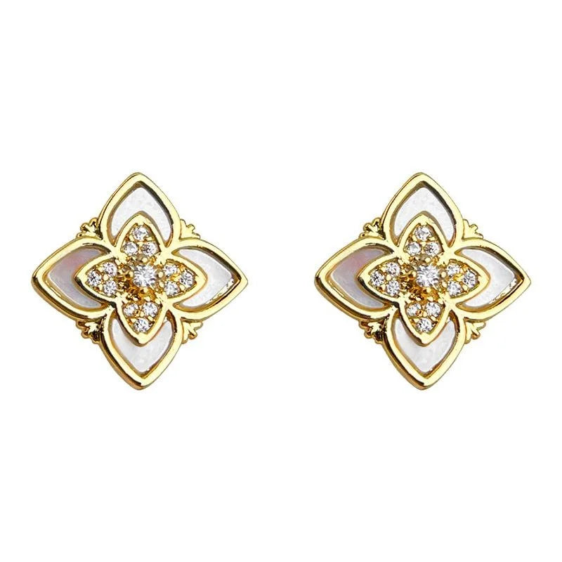 Micro Pave Zircon Genuine Shell Flower Petal Stud Earrings 4K Gold Plated Copper Minimalist Jewelry