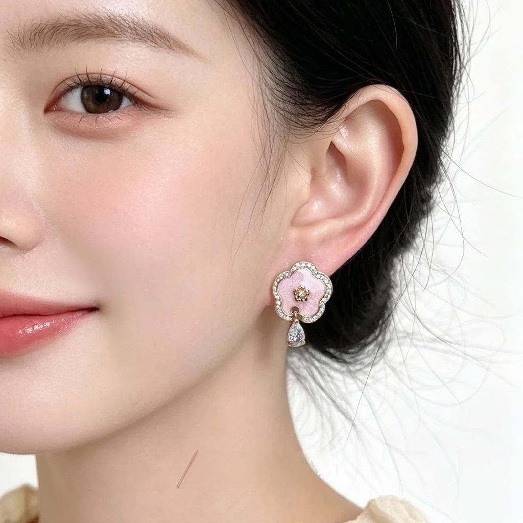 Original Plum Blossom Micro Pave Zircon 14K Plated Enamel Pink Flower Copper Drop Earrings