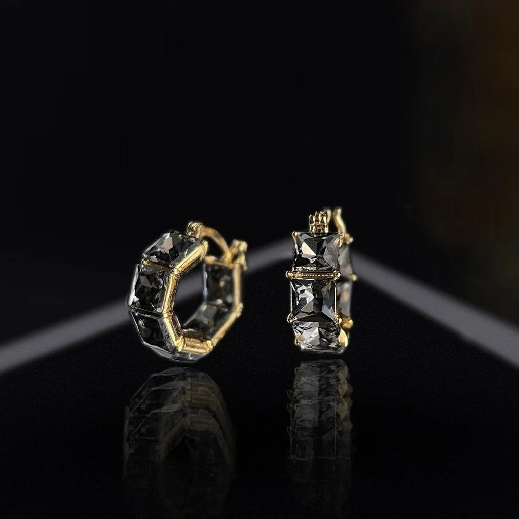French Luxury Gray Glass Crystal Geometric Ring Drop Earrings, Niche Sugar Cube Style