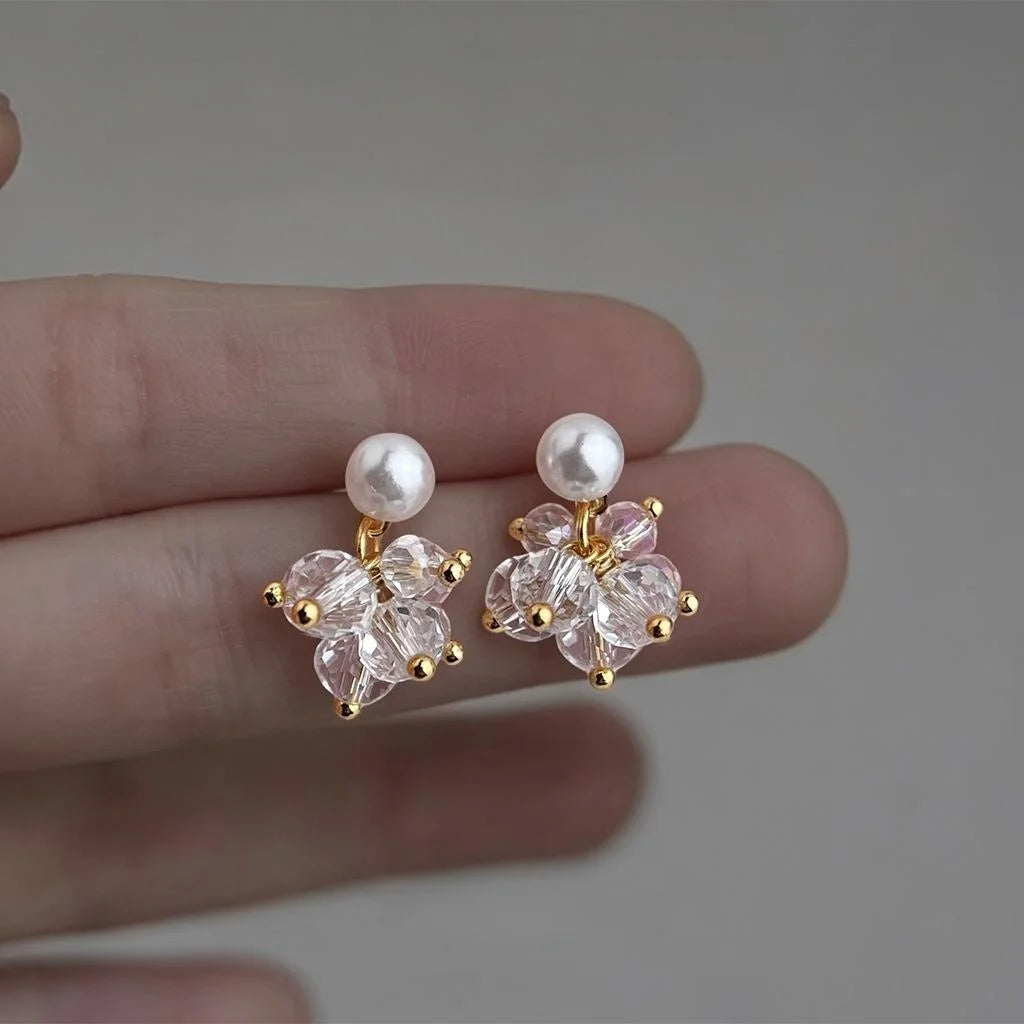 Handmade Crushed Ice Glass Crystal Pearl Tassel Drop Earrings Minimalist Geometric Jewelry
