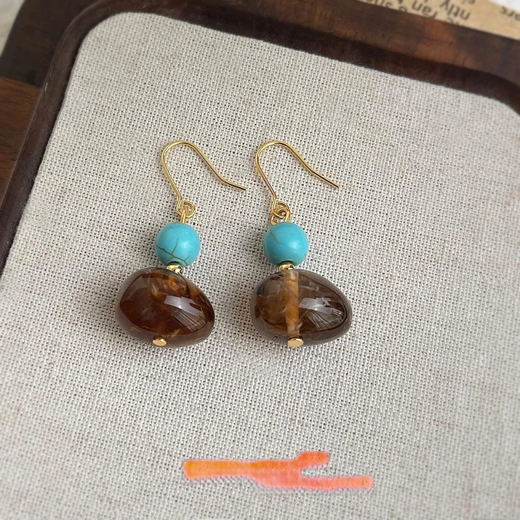 Vintage Style Handmade Geometric Resin Drop Earrings With Brown Marbled Round Oval Design
