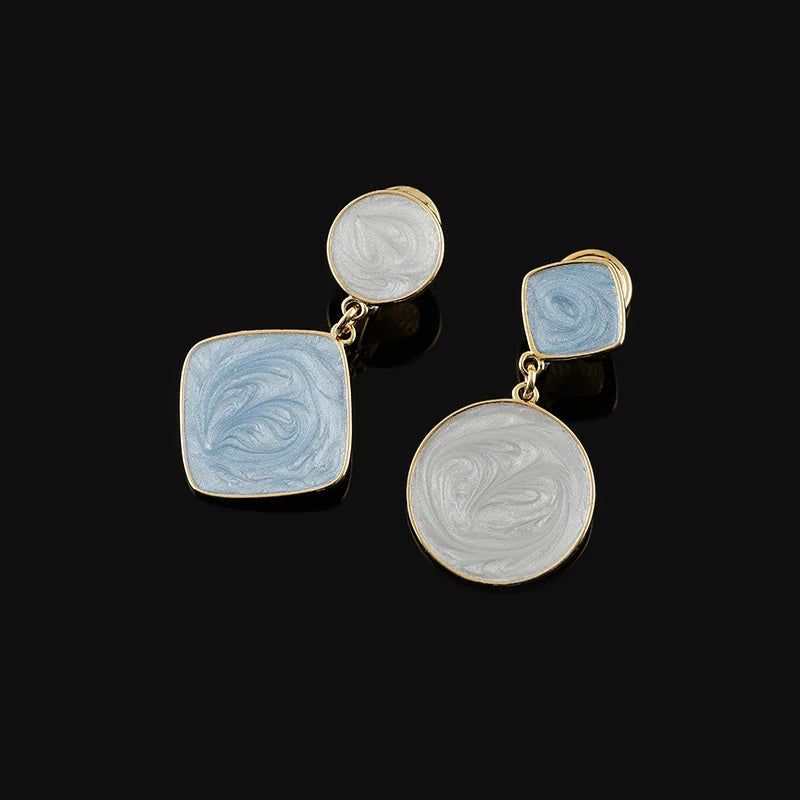 Elegant Asymmetric Blue White Enamel Alloy Geometric Disc Stud & Clip On No Piercing Drop Earrings