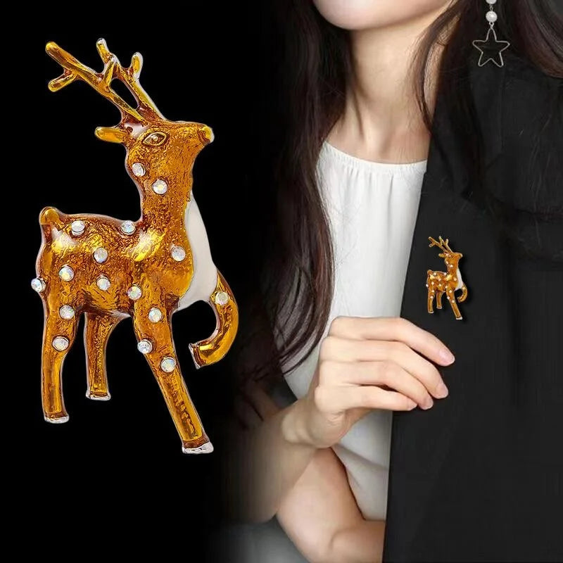Cute Christmas Deer Enamel Rhinestone Brooch, Gold Reindeer Lapel Pin Corsage Holiday Jewelry Gift