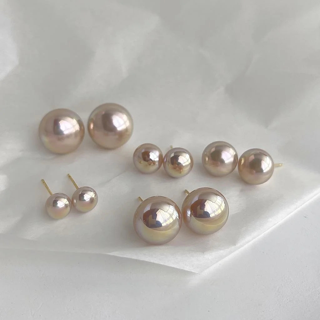 Elegant High Gloss Mabe Pearl Stud Earrings Geometric Bread Shape Pink Luster Jewelry