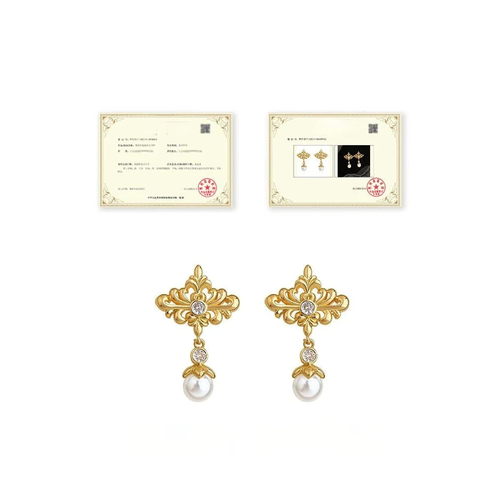 Original Design Iris Flower Pearl Copper Drop Earrings Geometric Luxury Style Women's Jewelry