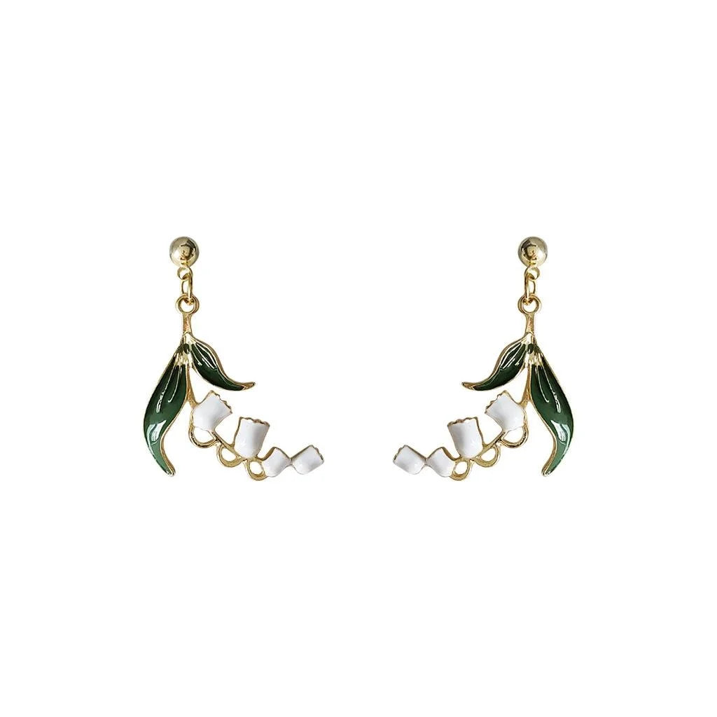 Handmade Copper Drip Glaze Lily Of The Valley Flower Long Stud Earrings Forest Style Jewelry