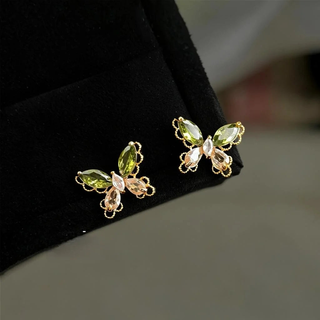 Light Luxury Forest Style Olive Green Zircon Butterfly Copper Stud Earrings for Women