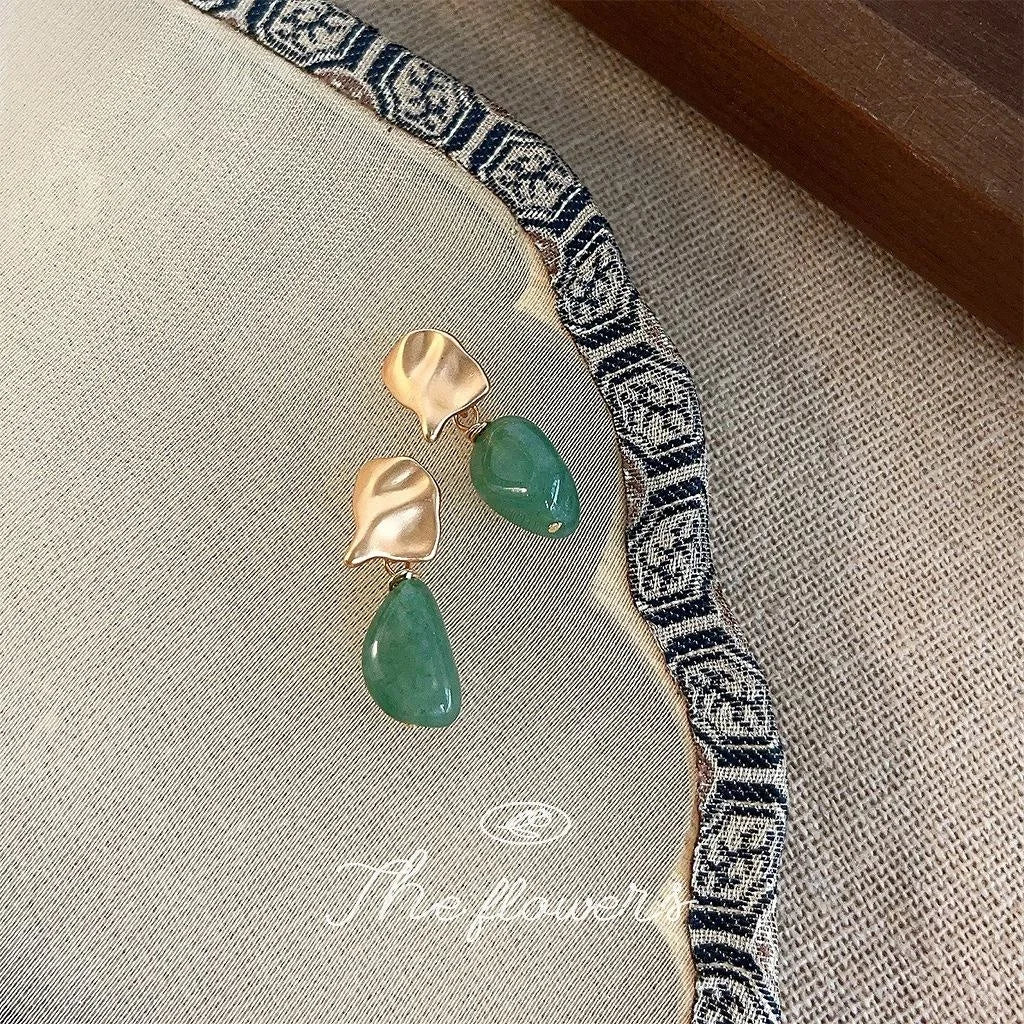 Handmade New Chinese Copper Aventurine Jade Irregular Geometric Drop Earrings