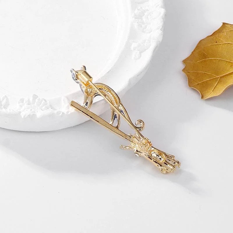 Cute Flying Broom Cat Alloy Rhinestone Brooch, Whimsical Animal Lapel Pin Corsage For Suit Accessory Gift
