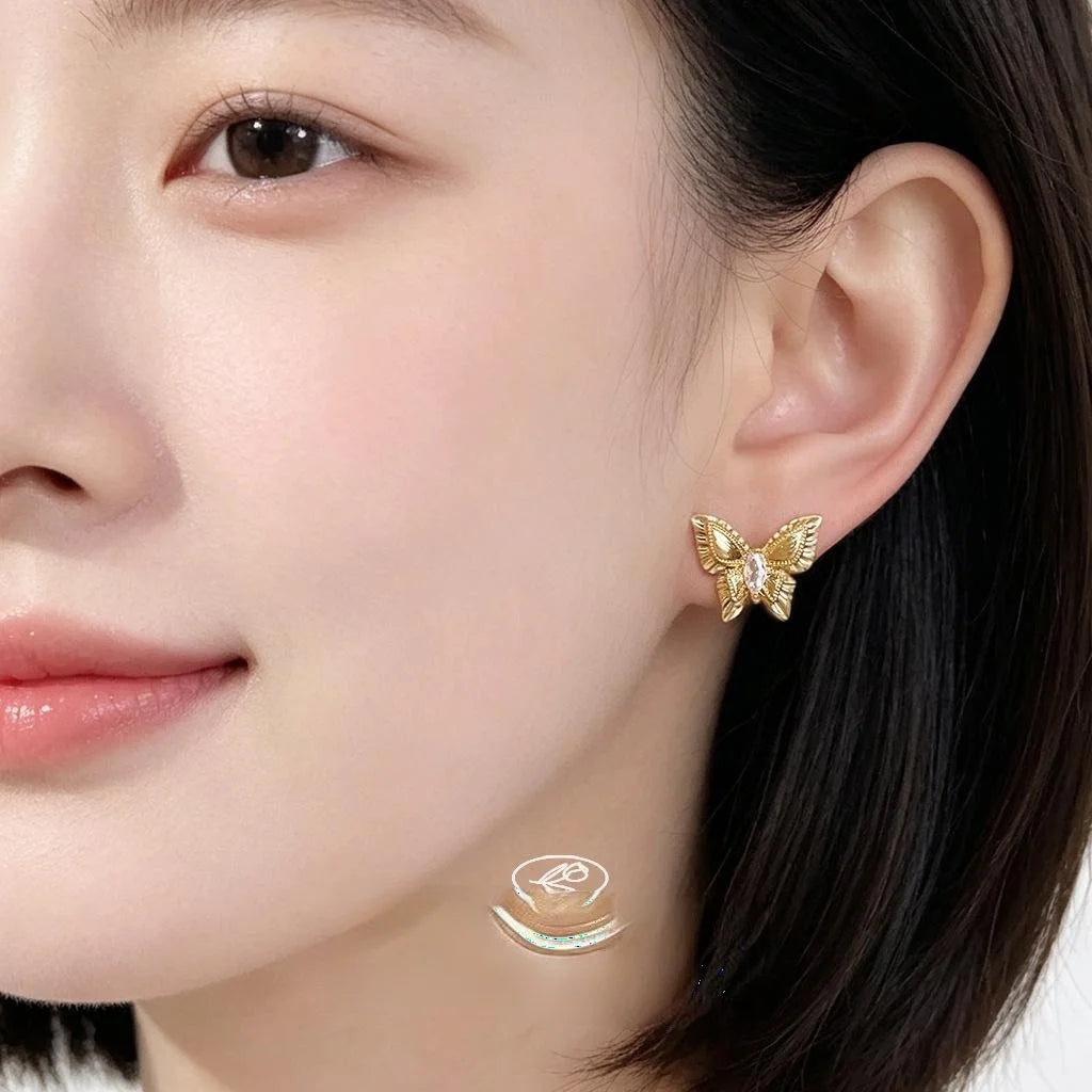 French Light Luxury Vintage Butterfly Stud Earrings Eco Copper Micro Pave Zircon Textured Chic Jewelry