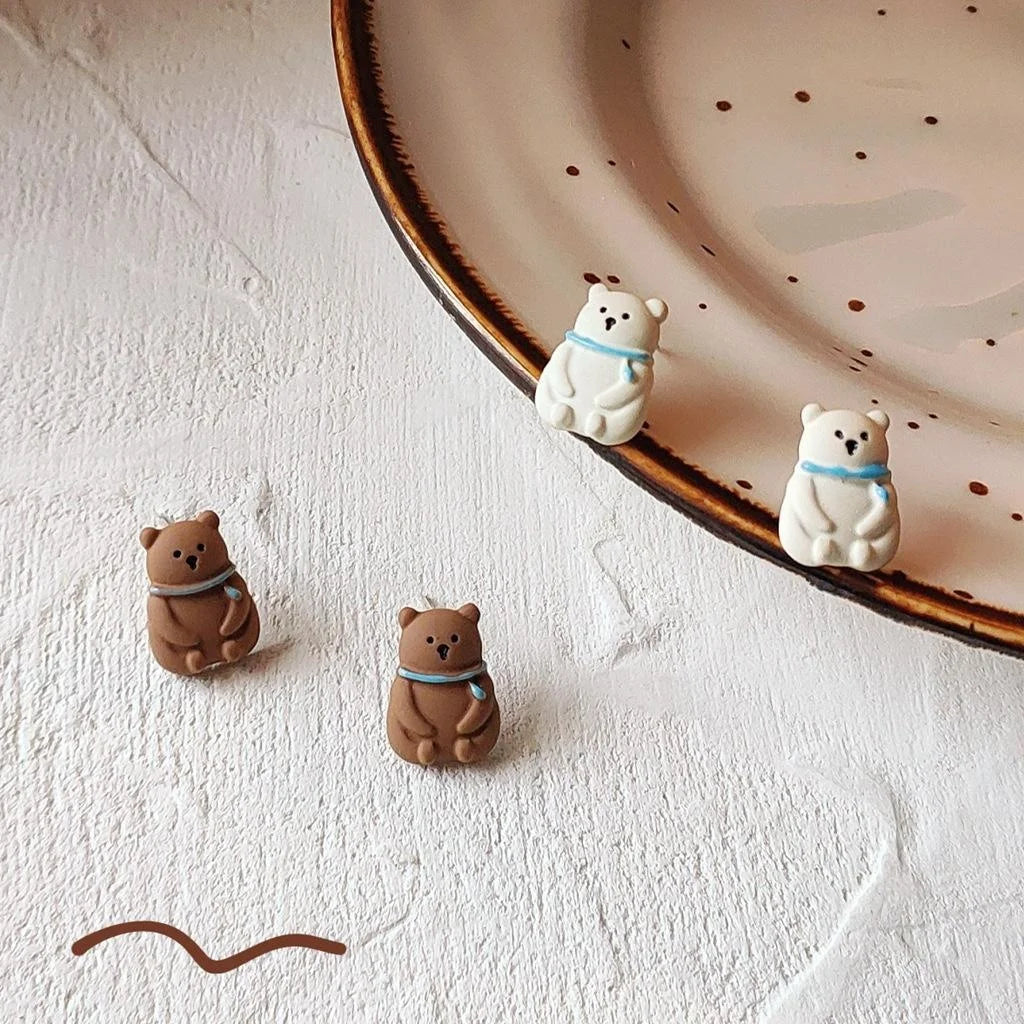 Cute Enamel Bear Alloy Stud Earrings With Silver Plated Pins, Korean Style Jewelry