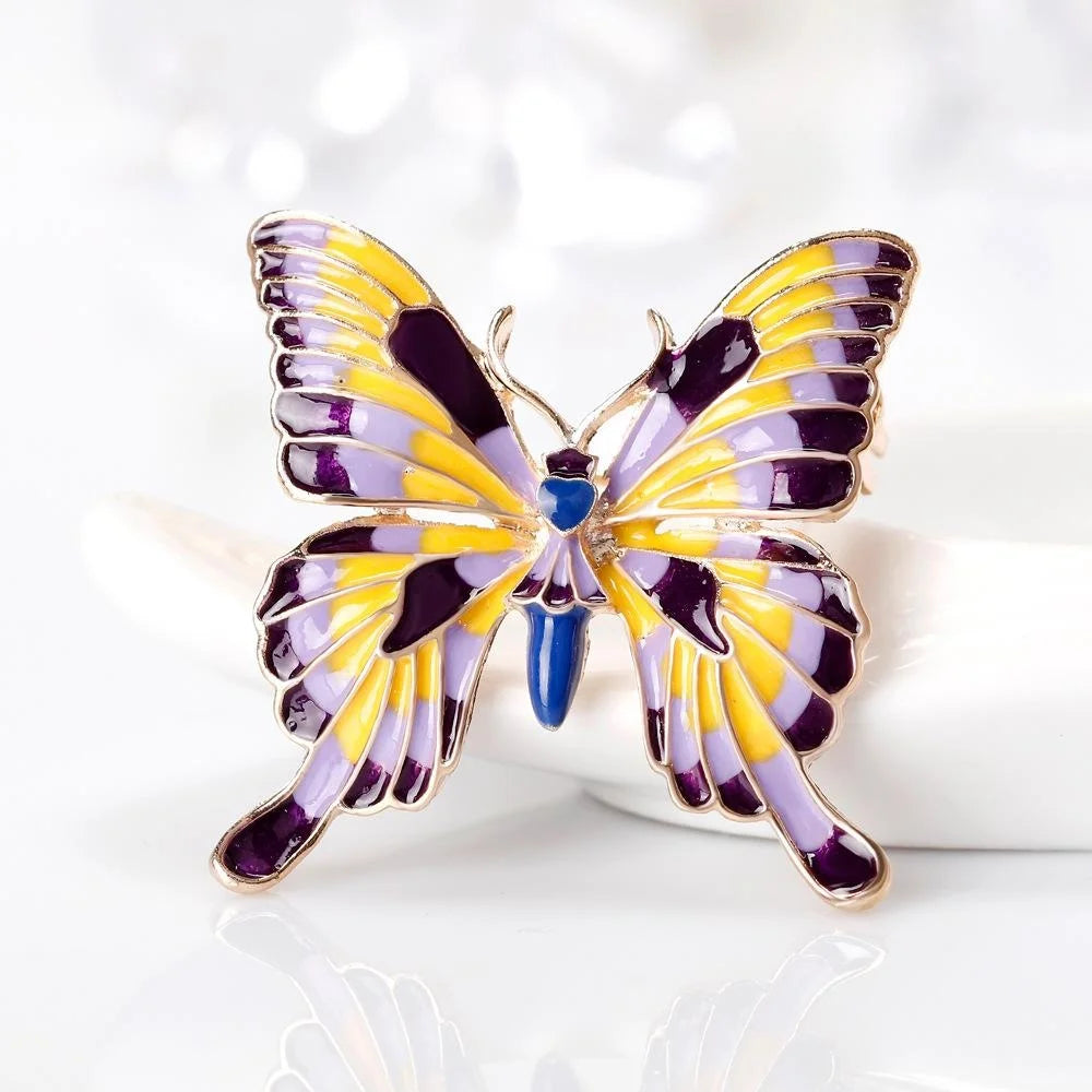 Elegant Enamel Butterfly Brooch With Purple Yellow Wings, Alloy Insect Lapel Pin Corsage Suit Accessory