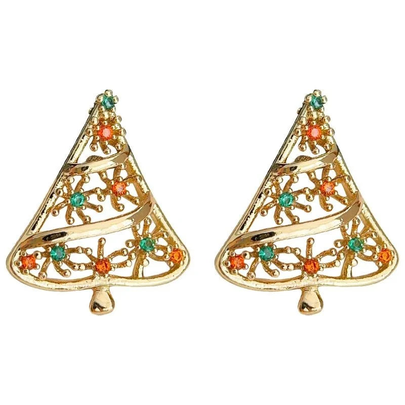 Christmas Tree Stud Earrings Micro Pave Zircon Hollow Copper Red Green Holiday Jewelry