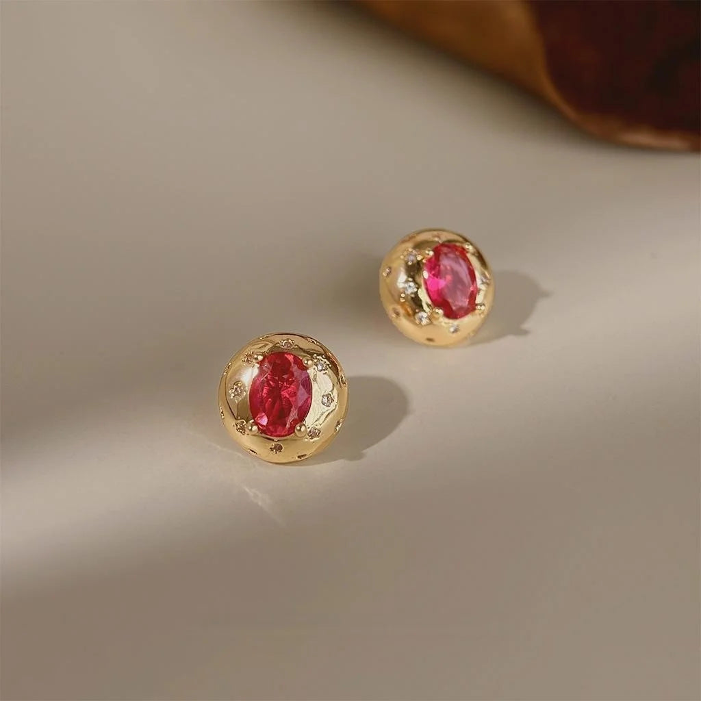 14K Plated Copper Rose Red Zircon Stud Earrings French Vintage Court Geometric Oval Design