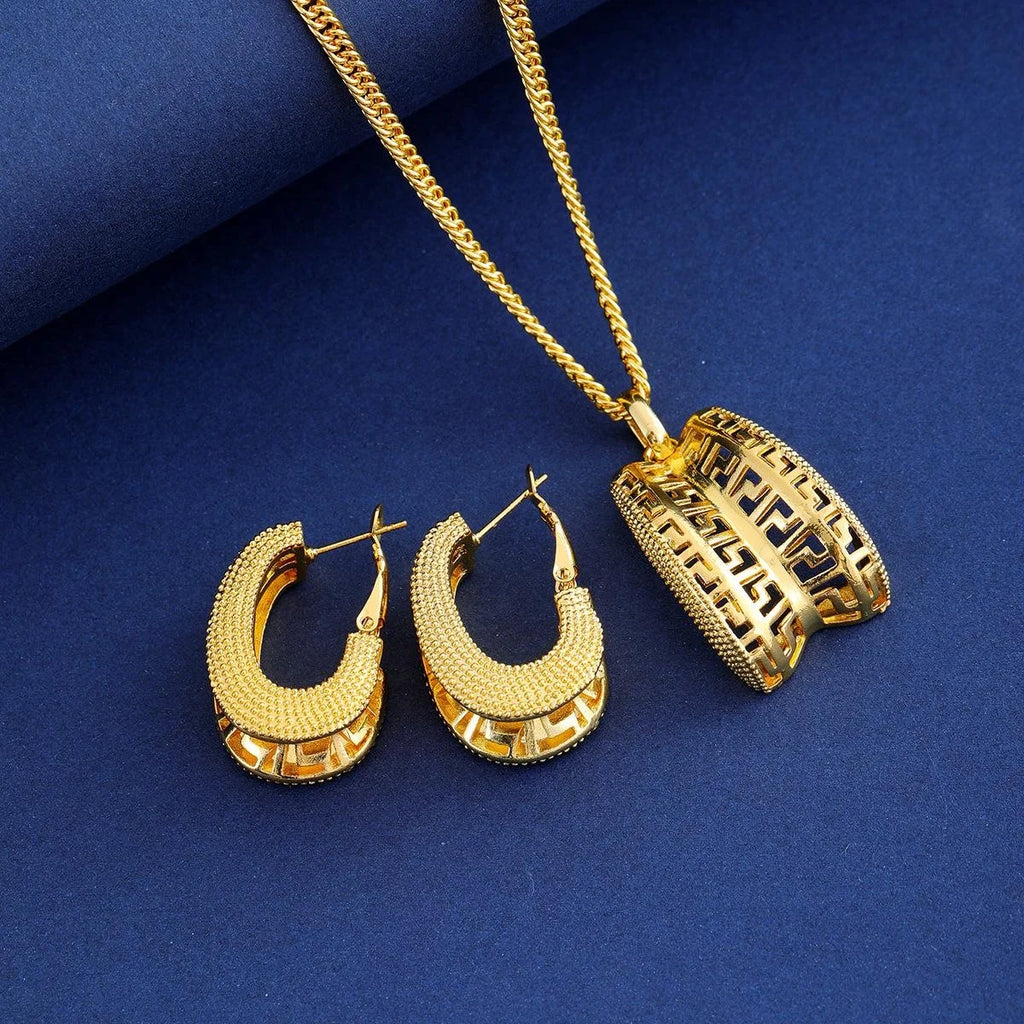 24K Gold Plated Alloy Geometric Hollow Necklace And Earrings Jewelry Set, Luxury Elegant Bridal Jewelry For Wedding