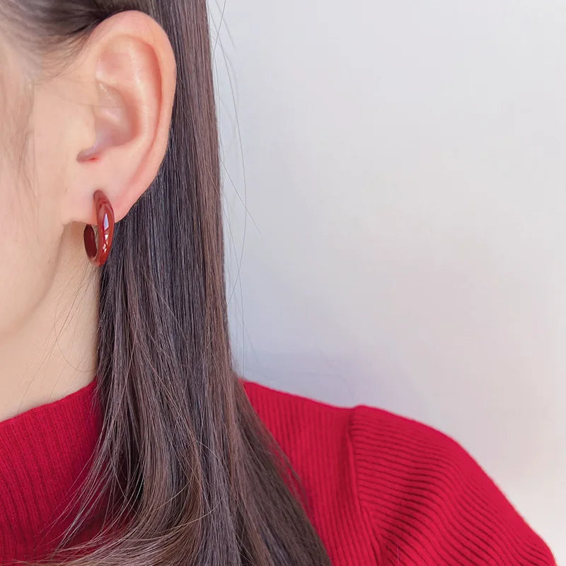 Vintage Burgundy Enamel Thick C Hoop Stud & Clip On No Piercing Glossy Alloy Open Circle Earrings
