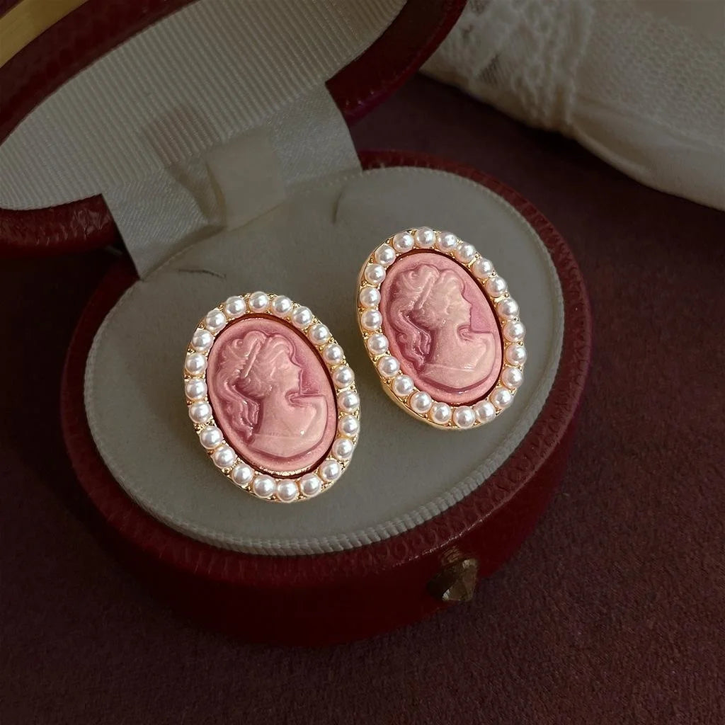 French Elegant Oval Portrait Stud Earrings Eco Copper Alloy Pink Beauty Geometric Jewelry