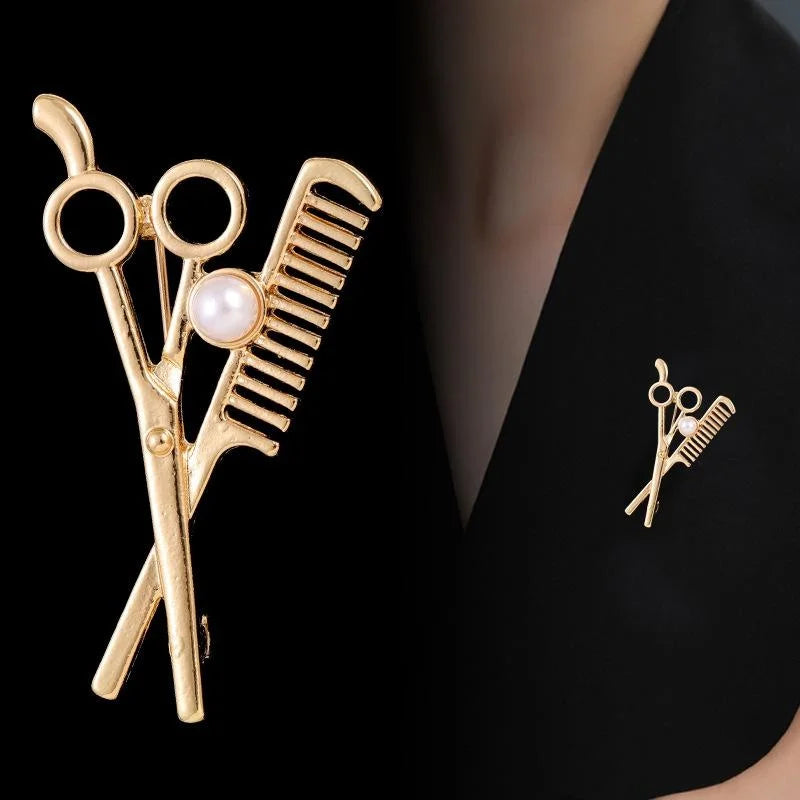 Elegant Gold Alloy Barber Scissors Comb Pearl Brooch, Rhinestone Hairdresser Lapel Pin Suit Accessory Gift