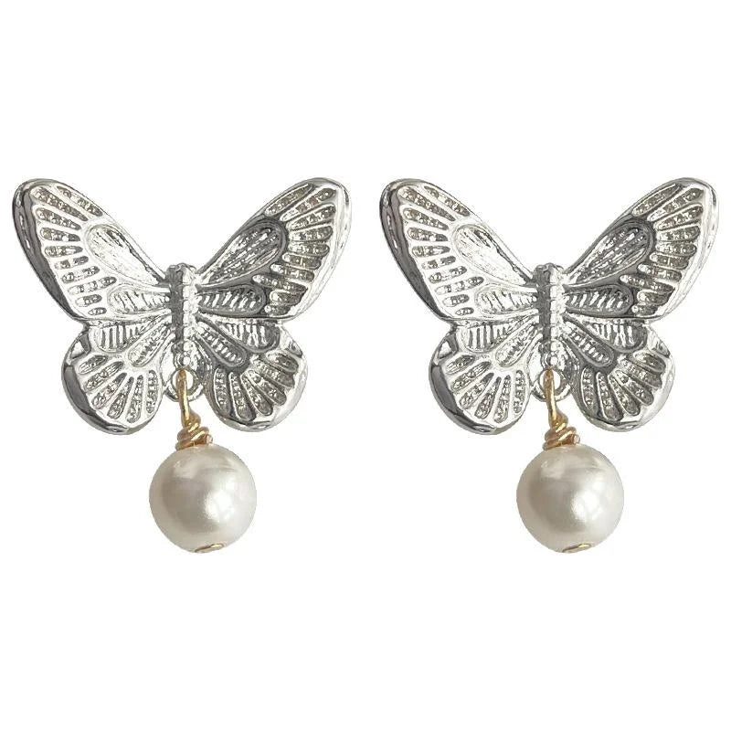 French Vintage Butterfly Stud Earrings Copper Glass Pearl Textured Handmade Palace Style