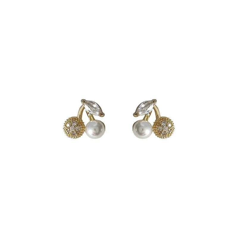Versatile French Style Micro Pave Zircon Cherry Pearl Copper Stud Earrings For Women