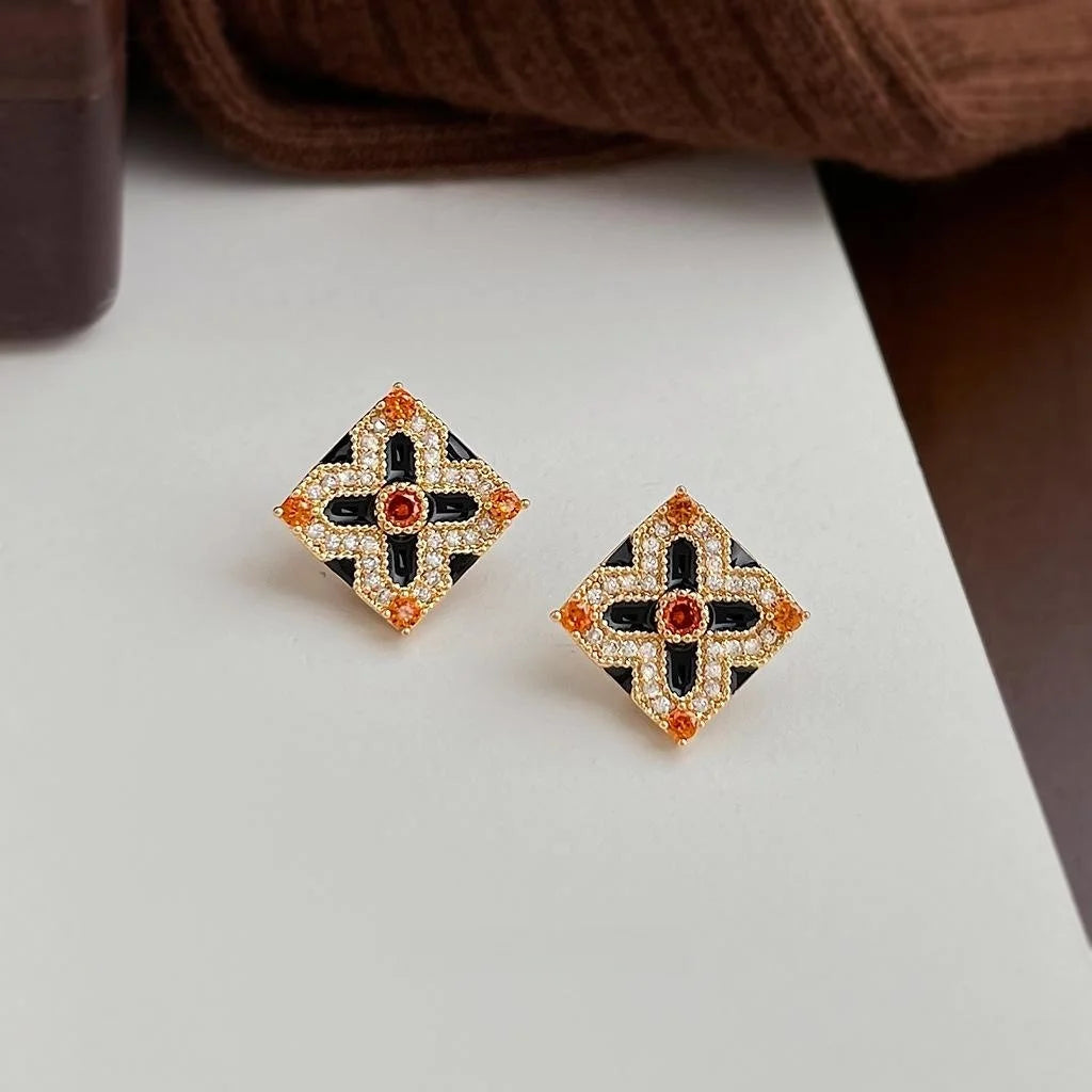 Copper Enamel Floral Geometric Micro Pave Zircon Stud Earrings For Women