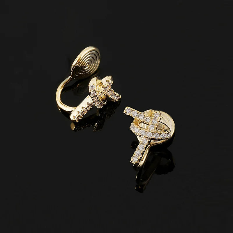 Elegant Pave Zircon Heart Knot Spiral Gold Alloy Stud & Clip On No Piercing Fashion Earrings