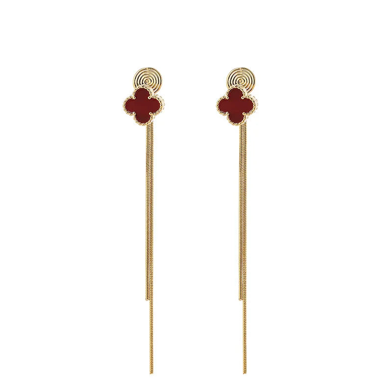 Elegant Red Enamel Lucky Clover Gold Chain Tassel Alloy Stud & Clip On No Piercing Drop Earrings