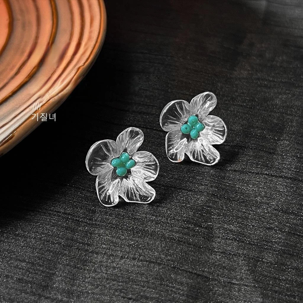 Forest Fresh Transparent Acrylic Flower Silver Plated Pin Handmade Stud Earrings