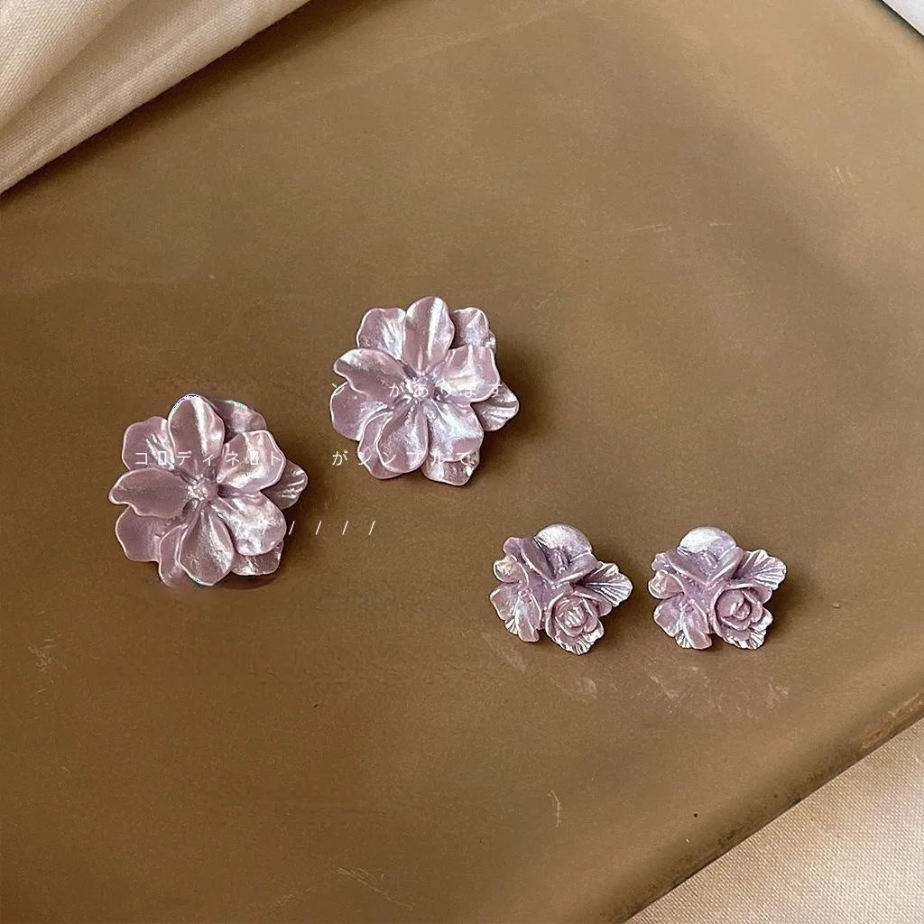 Forest Style Purple Resin Flower Stud Earrings With Silver Plated Pins For Women