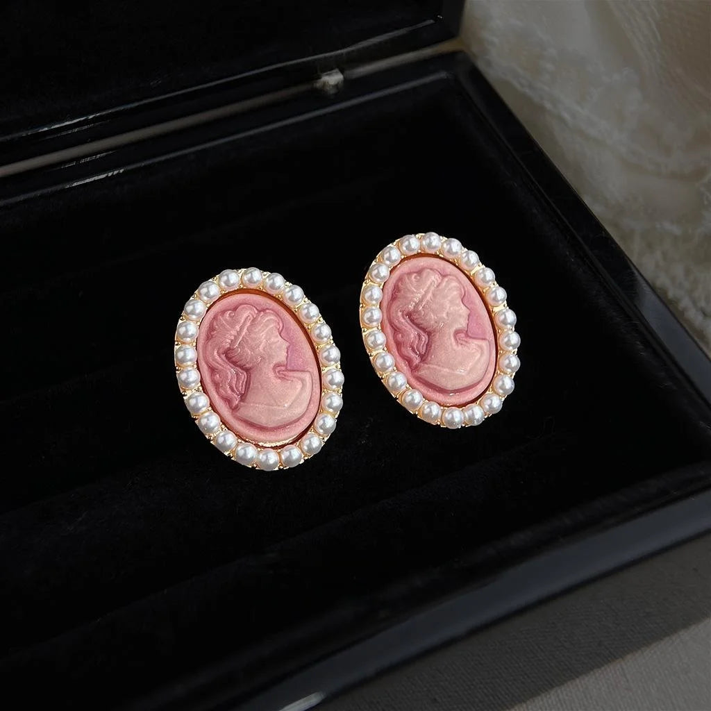 French Elegant Oval Portrait Stud Earrings Eco Copper Alloy Pink Beauty Geometric Jewelry