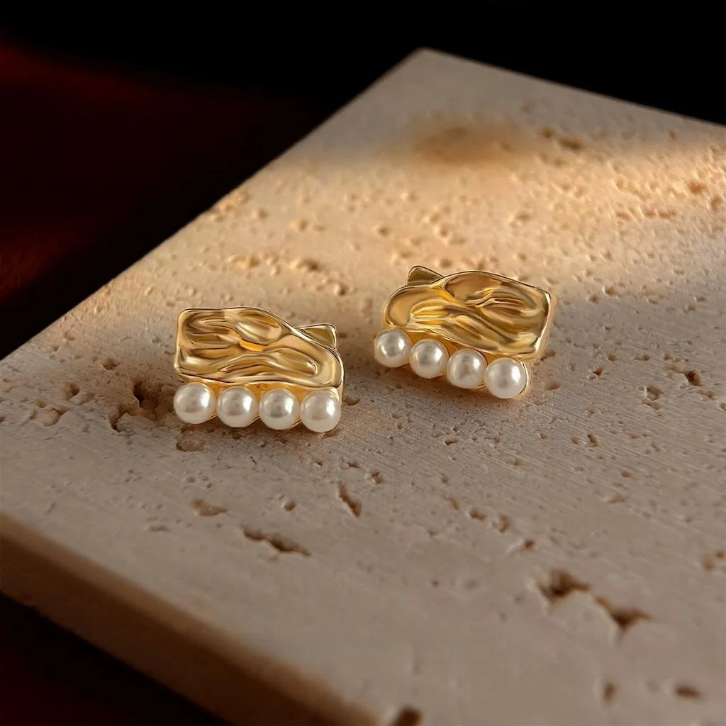French Vintage Textured Copper Pearl Stud Earrings, Liquid Geometric Round Square Design