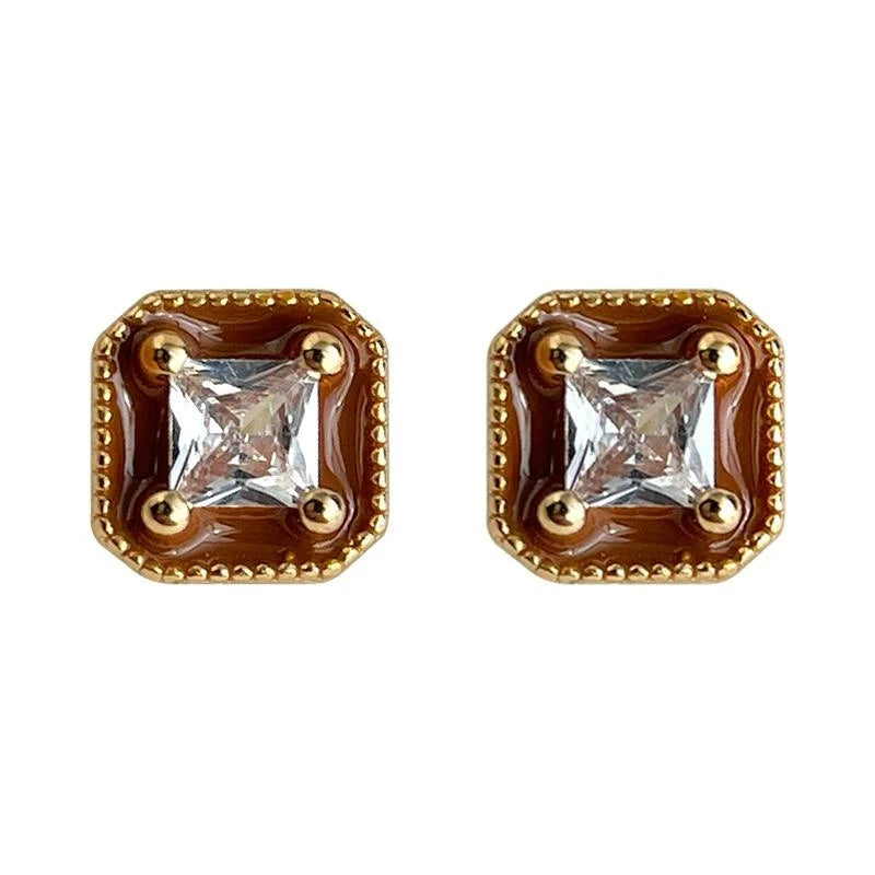 Mini Geometric Square Zircon Enamel Copper Stud Earrings, Silver Plated Light Luxury Jewelry