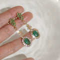 Vintage 14K Gold Plated Copper Green Zircon Teardrop Tassel Drop Earrings