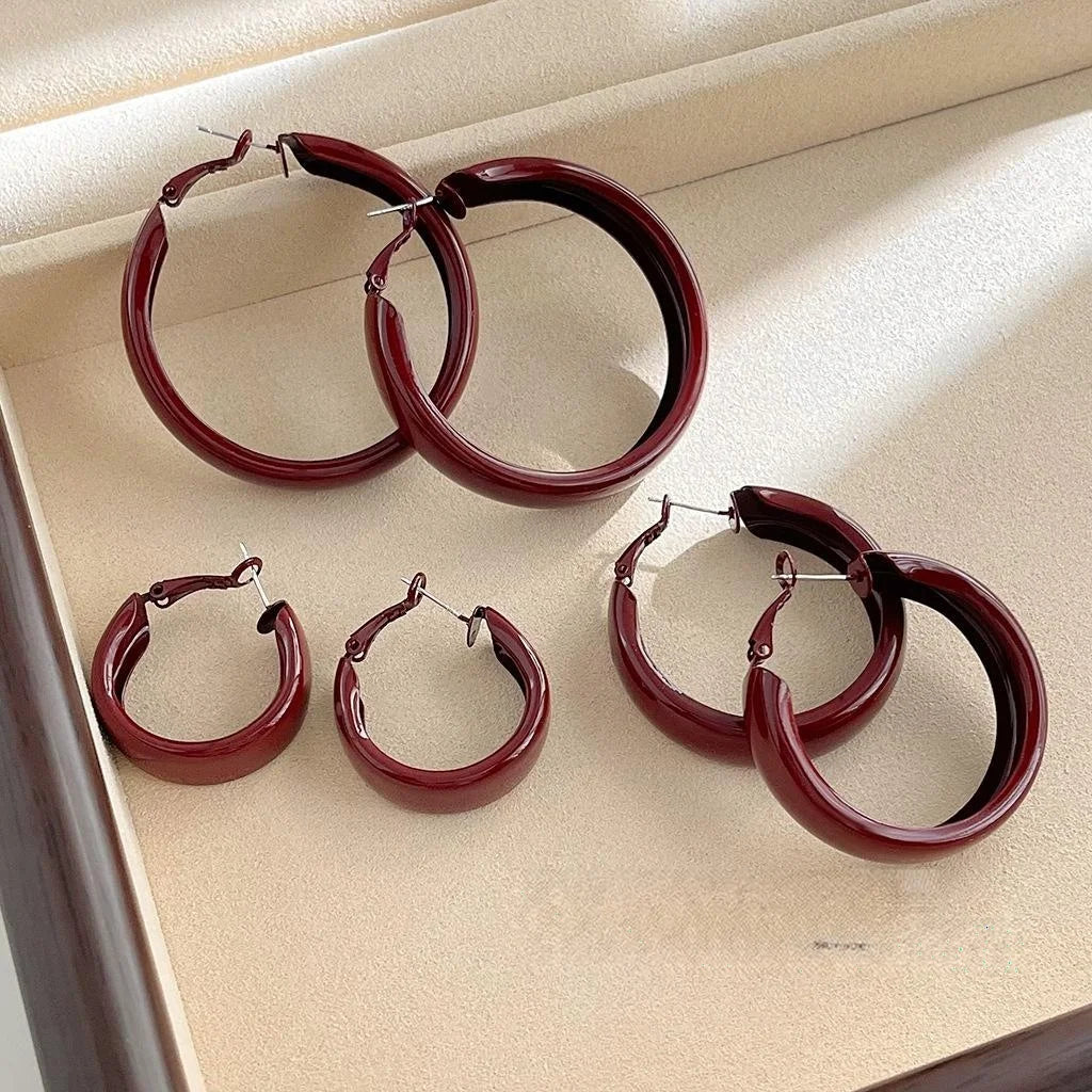 Red Enamel Metal Large Hoop Drop Earrings Geometric Round Retro Hong Kong Style Jewelry