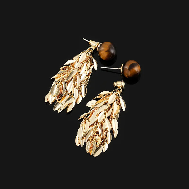 Vintage Tiger Eye Stone Gold Alloy Leaf Tassel Stud & Clip On No Piercing Long Drop Earrings