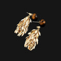 Vintage Tiger Eye Stone Gold Alloy Leaf Tassel Stud & Clip On No Piercing Long Drop Earrings