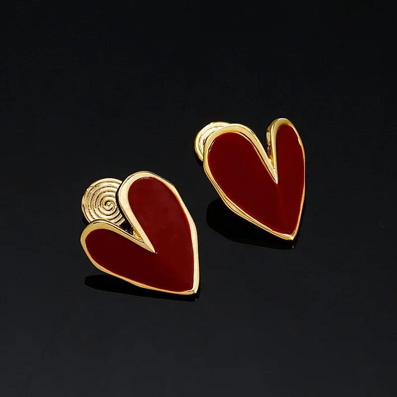 Luxury Red Enamel Heart Gold Tone Alloy Spiral Back Stud & Clip On No Piercing Women's Earrings