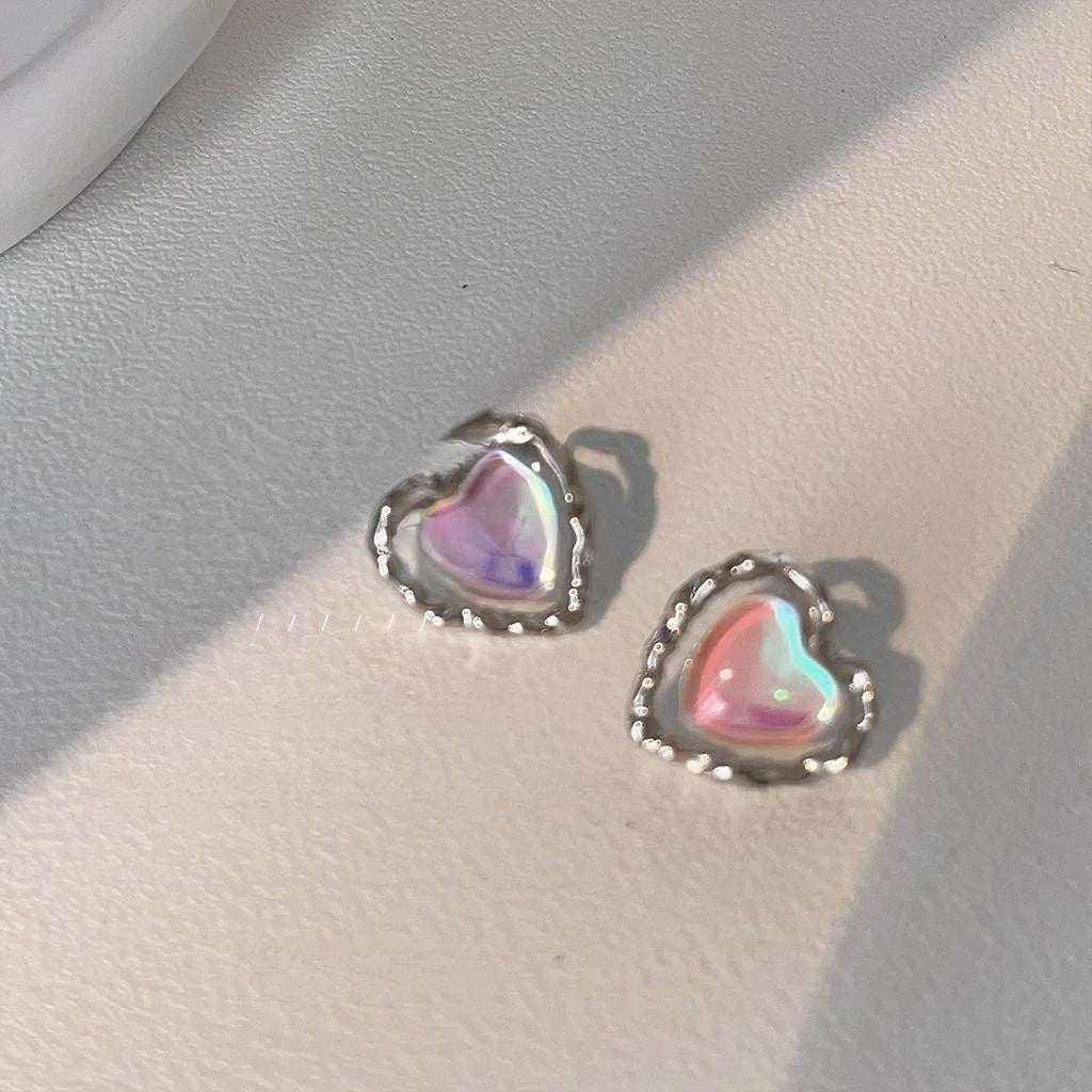 Sweet Cool Iridescent Pink Heart Stud Earrings Eco Copper White Moonlight Design