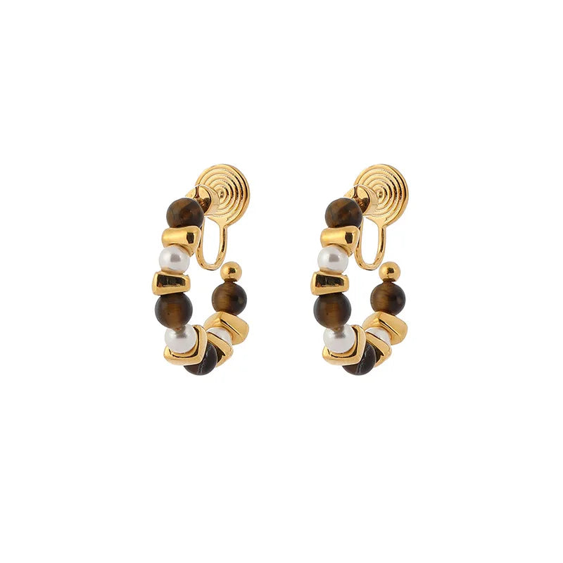 Vintage Tiger Eye Stone Pearl Spiral Hoop Stud & Clip On No Piercing Luxury Alloy Fashion Earrings
