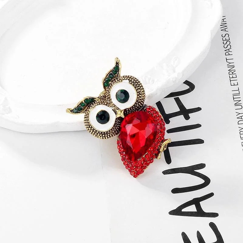 Vintage Big Eye Owl Brooch With Red Rhinestone Crystal, Gold Tone Alloy Animal Lapel Pin Coat Gift