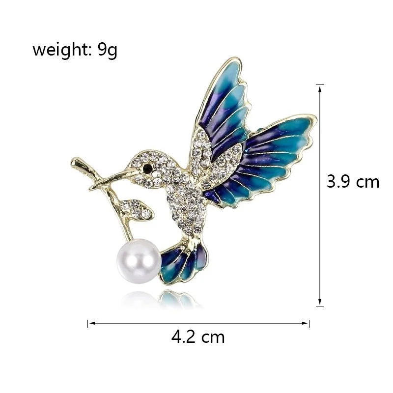 Elegant Enamel Hummingbird Brooch With Rhinestones And Pearl Charm, Luxury Lapel Pin Corsage Gift