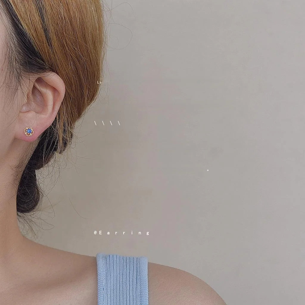 14K Plated Copper Mini Square Faux Opal Stud Earrings For Women Minimalist Korean Style
