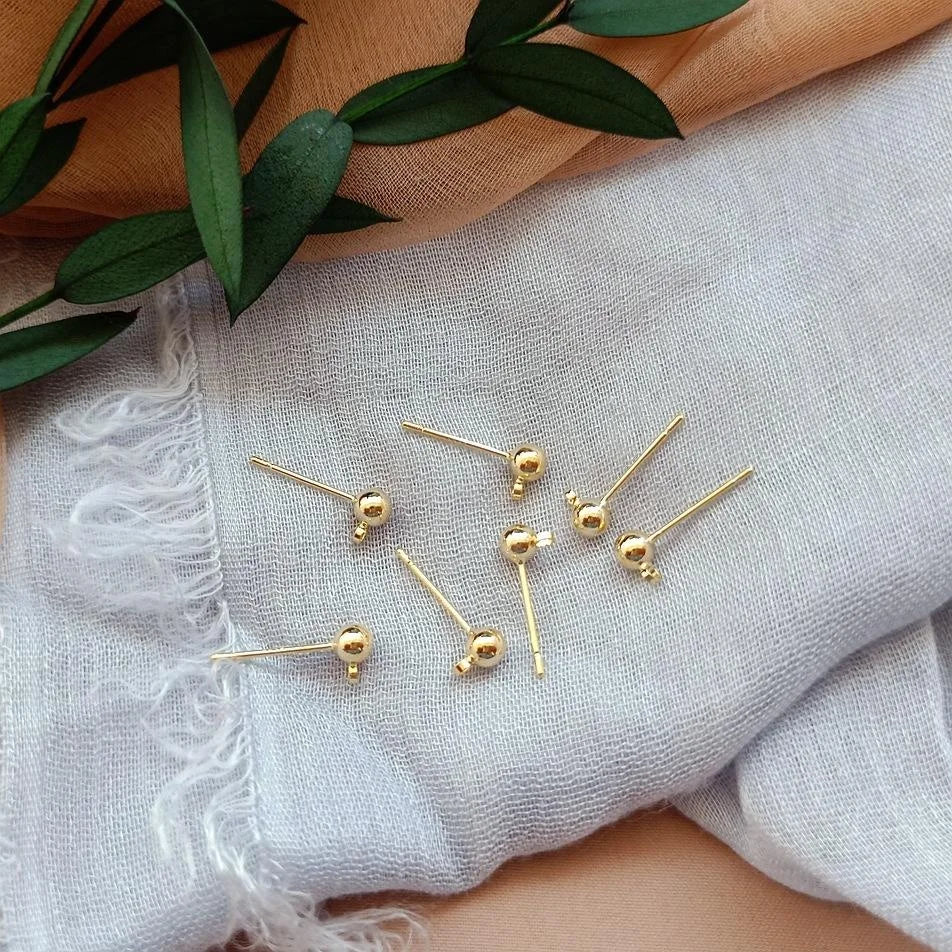 925 Sterling Silver Ball Stud Earrings With 14K Gold Plated Dangle Pin Handmade Jewelry Findings